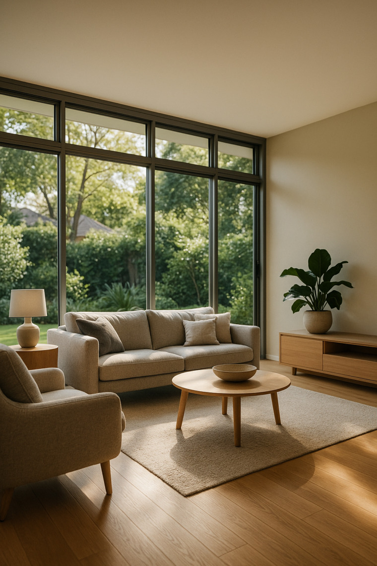 Sunlit living room with large aluminium-framed double-glazed windows