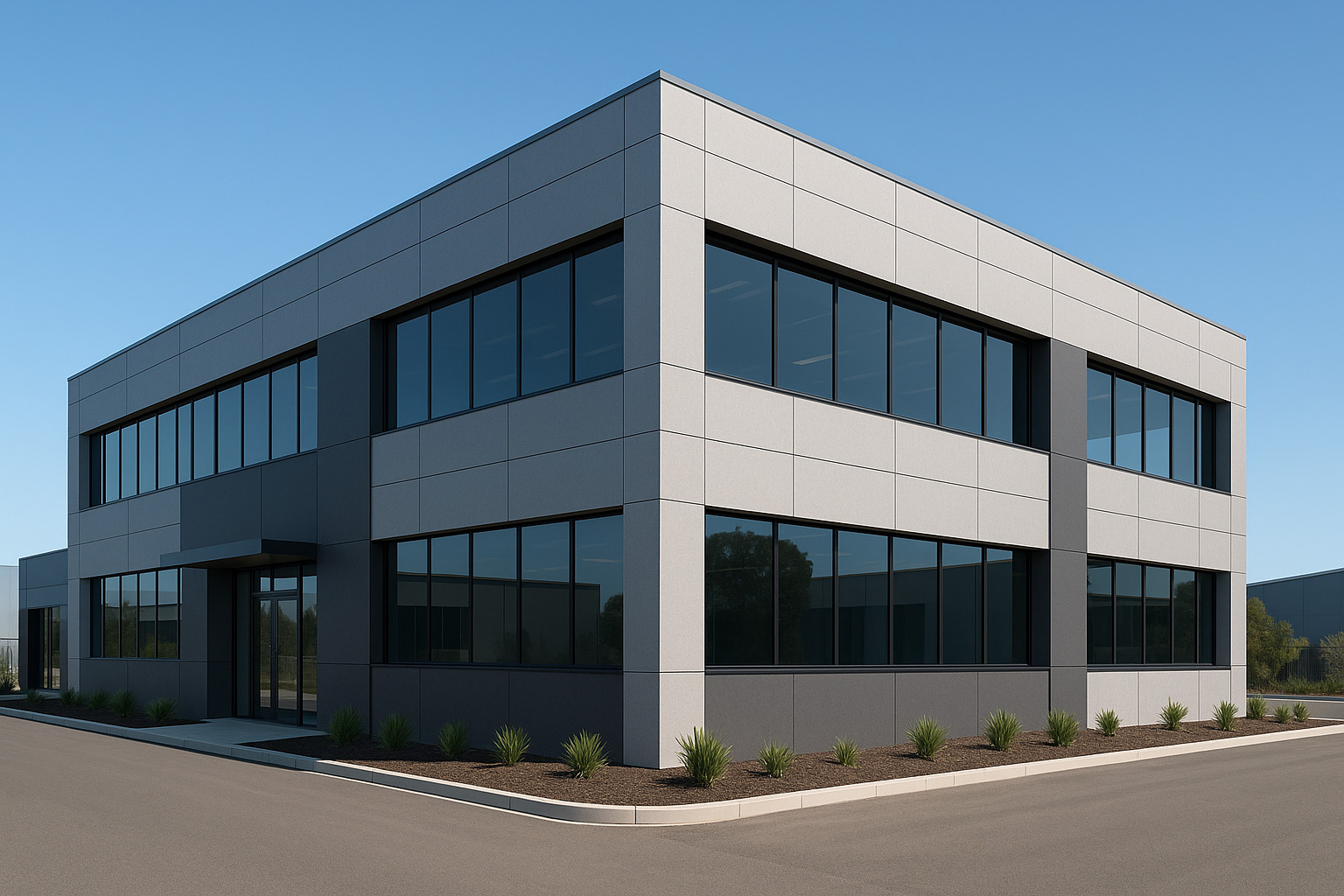 Modern commercial office building with black-framed glazing, Croydon South