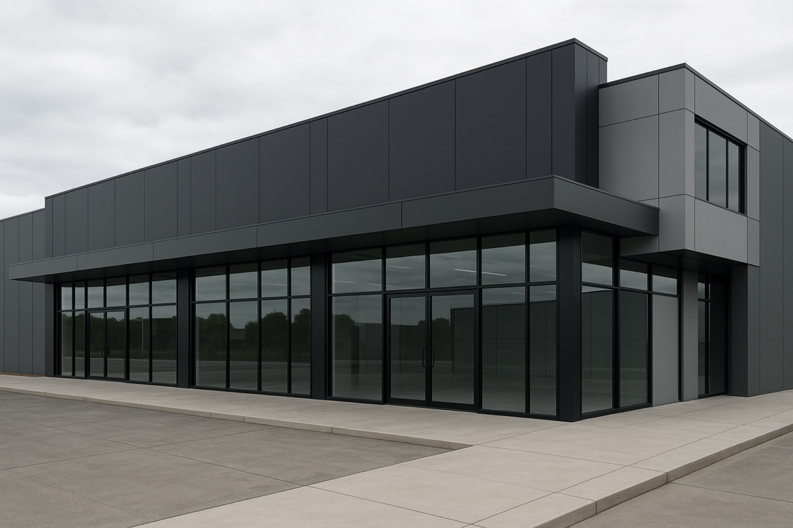 Charcoal commercial retail building with black-framed shopfront glazing, Croydon South