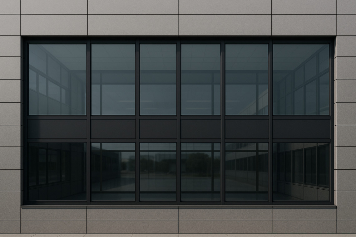 Commercial curtain-wall facade with black-framed glazing, Croydon South