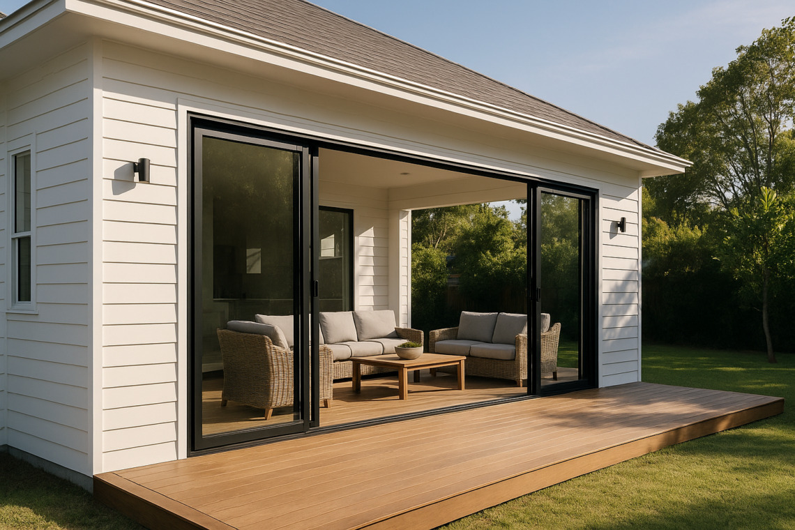 White weatherboard alfresco with black-framed aluminium stacking slider doors, Croydon Hills