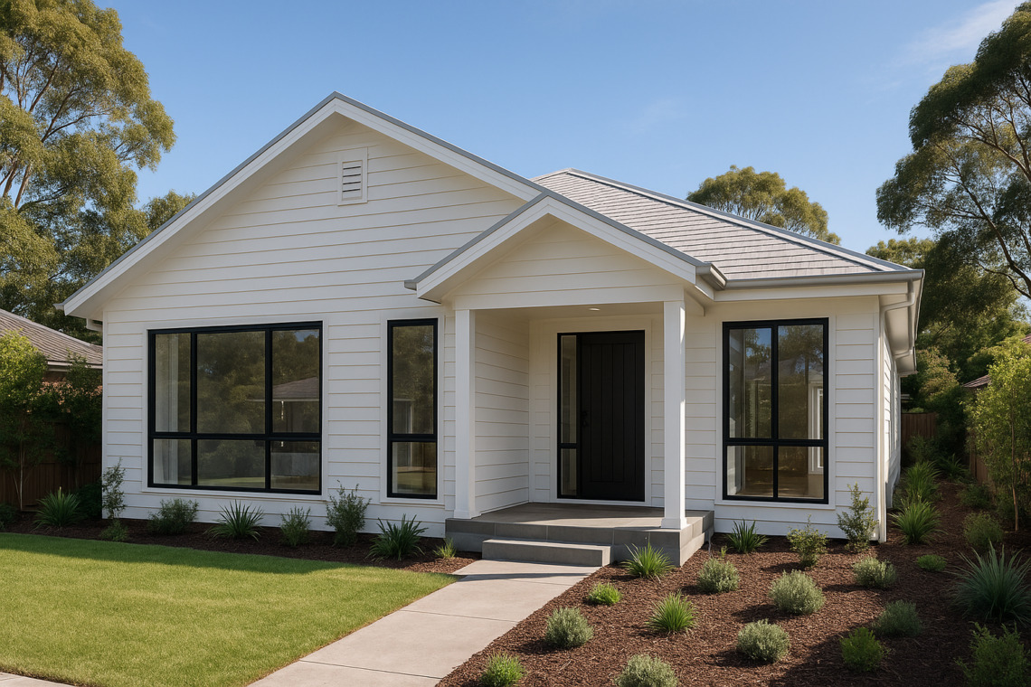 White weatherboard family home with black-framed aluminium windows and doors, Croydon Hills