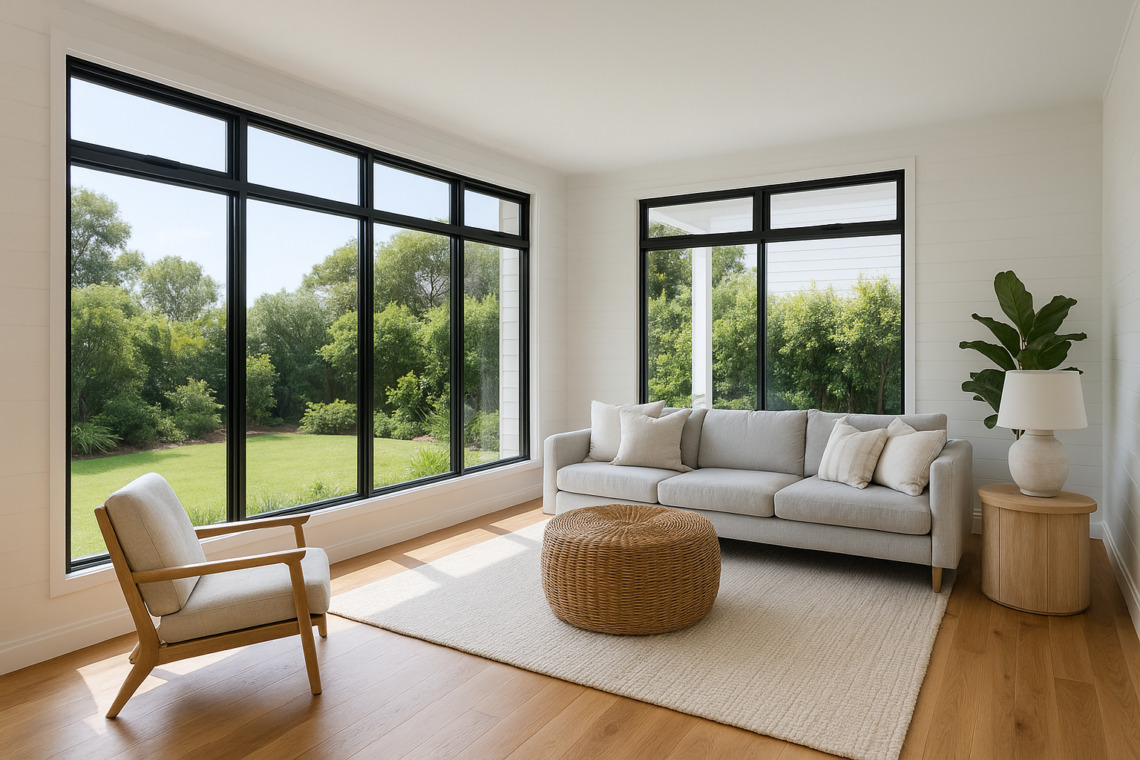 Bright living room with black-framed aluminium picture windows, Croydon Hills