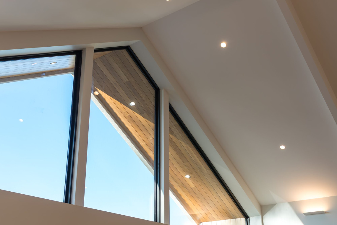 Detail of black-framed Signature raked windows against timber cladding